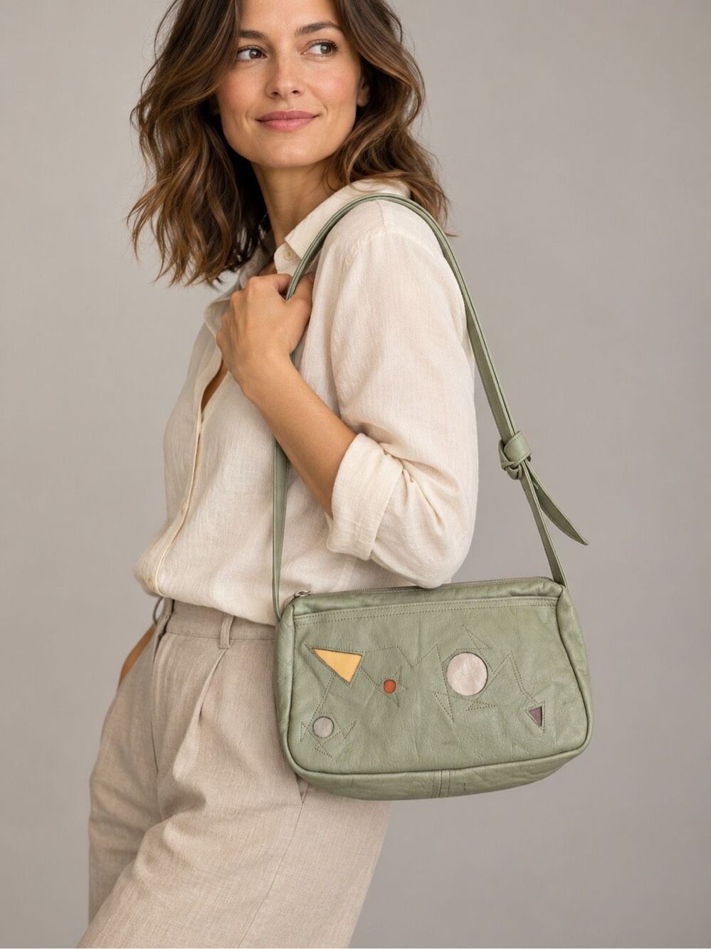 Ilze Heider Leather Designs Sage Green Shoulder Bag Y2K Geometric Vintage